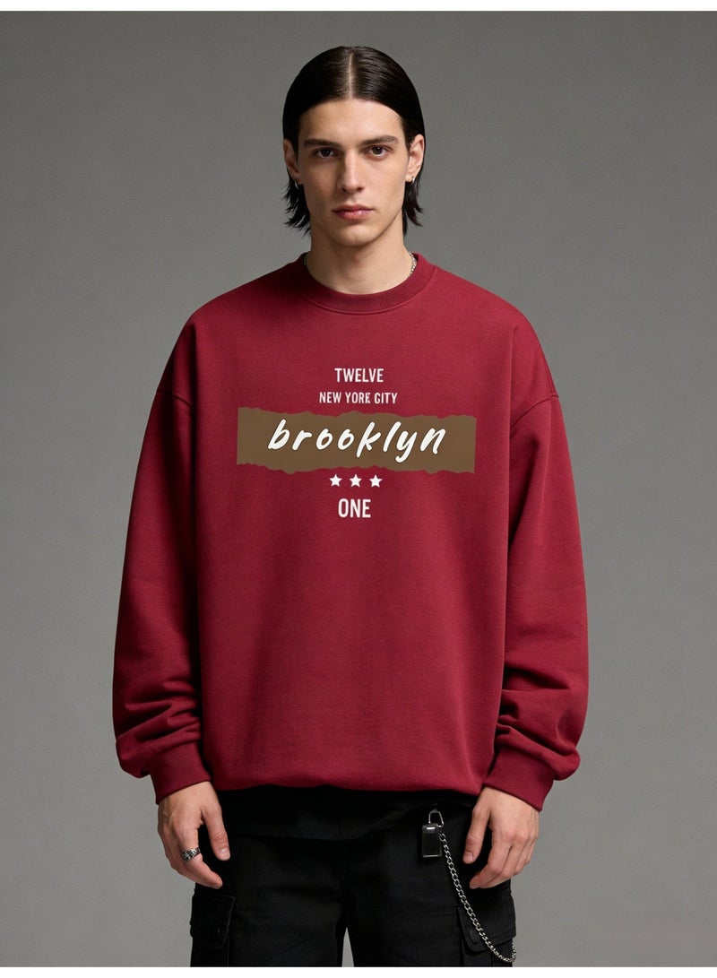 بيإم إنس BM INS Burgundy "brooklyn" Retro Letter Oversized Crew Neck Sweatshirt | Unisex Pullover With "NEW YORK CITY" Slogan - Image 3